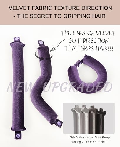 Grande Heatless Curls Overnight Rods - Upgraded Directional Grip Velvet - No Heat Hair Curlers to Sleep, Jumbo Large Hair Rollers Flexible Curling Rods Set for Long Thicker Coarser Hair Blowout Look - color: Plum