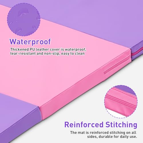 Gymnastics Mat, 3'x6'/4'x6' Thick Folding Kids' Gymnastic Tumbling Mat with Carrying Handles for Home Gym Exercise & Play - color: 3x6FT-Pink & Purple
