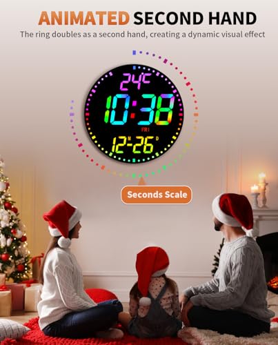 12" Large Digital Wall Mount Clock, Count Down Timer, Alarm, Big LED, 12 RGB Color, Temperature for Living Room Classroom Desk, Xmas, Birthday Gift for Senior Mom Dad (Round) - style: Black shell - Basic