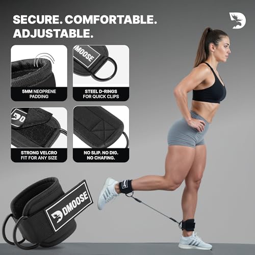 DMoose Ankle Strap for Cable Machine - One Size Fit with Premium Padding, Workout Kickback Ankle Cuffs, Ankle Bands for Working Out, Booty Workouts, Leg Extension, Hip Abductors & Lower Body Exercises - color: Black + Tube Bands