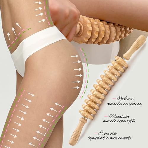 Wooden Curved Handheld Roller Stick Massager - 12 Rollers Wood Therapy Tool for Trigger Point, Fascia & Cellulite Reduction, Lymphatic Drainage, Muscle Tension Relief & Body Shaping (Wood) - color: Wood-12 Rollers