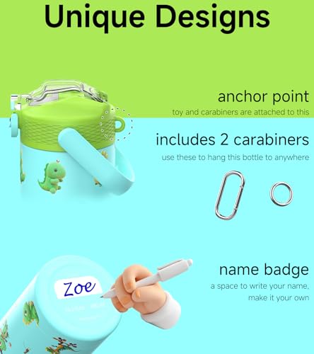 MYFOREST 14oz/400ml Insulated Kids Water Bottle, Odor-free Liner, 3D Touch | No Plastic Taste, Surgical Steel - No Chemical Leaching, Name Spot, Soft Sipper, Gift for Dino Fan, Blue. Dinosaurs - color: Blue. Dinosaurs