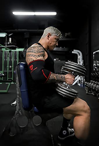 Gymreapers Elbow Sleeves for Weightlifting Powerlifting and Bench Press Support and Compression for Tendonitis Pain Relief 5mm Neoprene Training Gear for Men and Women - color: Black/Red, size: Large