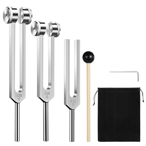 Tuning Fork Set (128Hz, 256Hz, 512Hz) of 3, Weighted & Unweighted Aluminum Forks with Reflex Hammer and Storage Bag for Chakra/Healing/Medical/Sound Therapy Instruments/Yoga/Meditation Accessories - color: 128Hz, 256Hz, 512Hz - Silver