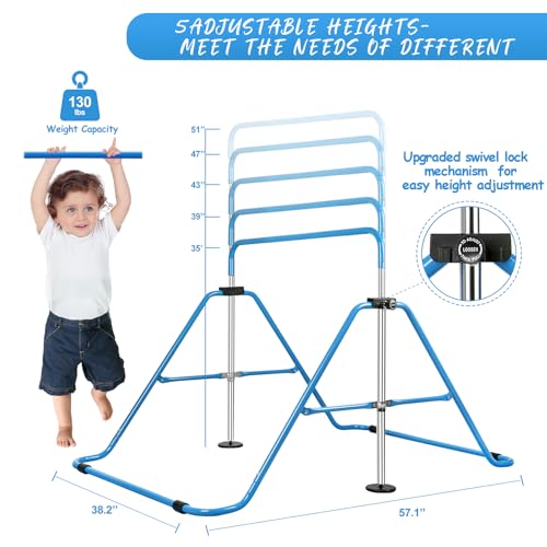 Expandable Gymnastics Bars with Ring, Adjustable Height Gymnastic Horizontal Bars, Gym Junior Training Bar Children Folding Training Monkey Bars for Kids - color: Blue