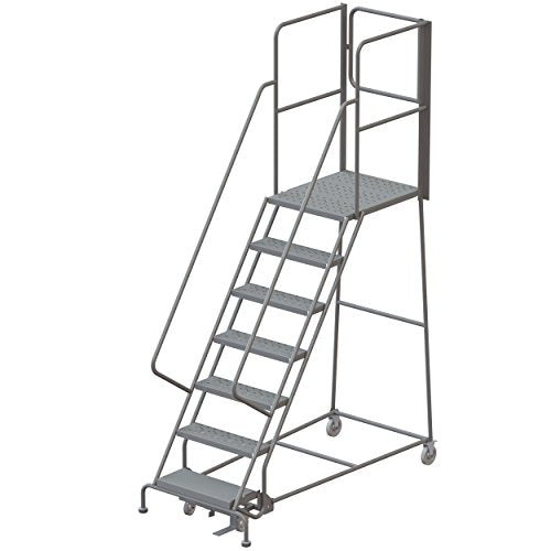 Tri-Arc RWSR107246-XR 7-Step Gateway Rear-Exit Steel Rolling Ladder with 30" Deep Top Platform, Perforated Tread with Handrails, 24" Wide Steps, Gray - size: 7-Step, style: Perforated Tread