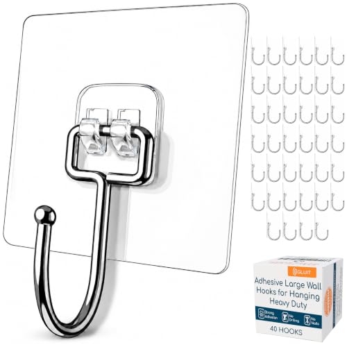 GLUIT Adhesive Large Wall Hooks for Hanging Heavy Duty 22 lbs Hooks for Walls No Drill, Towel Sticky Clear Hooks, Waterproof, Home, Bathroom, Kitchen, Office, and Outdoor 40 Pack - size: Large, 40 pcs