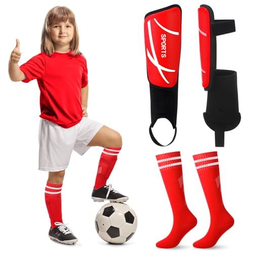 Soccer Shin Guards and Socks Kids Youth Lightweight Soccers Pads Defender with Ankle Protection Ski Shin Guards Football Equipment for Age 4-14 Toddler Boy Girl - color: Red, size: Medium