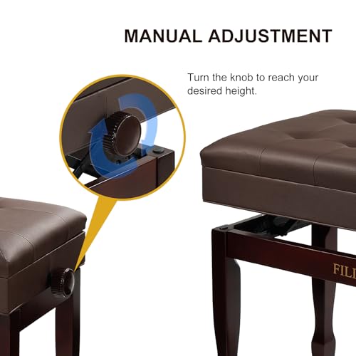Adjustable Height Piano Bench with Storage, Solid Wood Duet Keyboard Stool, Waterproof Padded Seat Cushion, Multi-Use Bench for Piano, Vanity, Living Room, Bedroom XJ750-4(Brown) - color: Brown