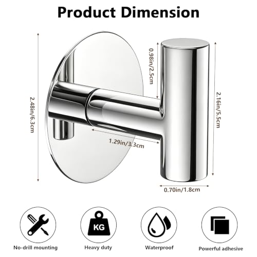 Stainless Steel Adhesive Hooks, Heavy Duty Wall Hooks, Towel Hooks for Hanging Robes, Aprons, Coats and Hats in Bathrooms,Kitchens and Hotels(2 Pack, Chrome) - color: Chrome, size: Adhesive "T" Shape- 2 Pack