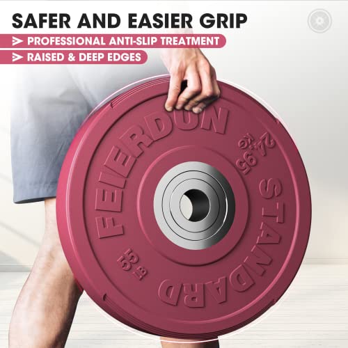 FEIERDUN Color Bumper Plate Set, 2-Inch Olympic Weight Plates, Low Bounce Rubber Barbell Plates with Stainless Steel Insert for Weightlifting, Strength Training, CrossFit & Home Gym, 10LB-370LB - style: F) 55LBS Single