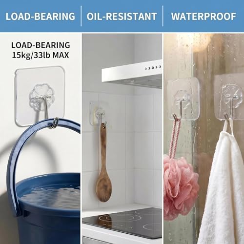 Wall Hooks - 33 lbs Max, Transparent, Seamless, Waterproof & Oilproof, Heavy Duty Adhesive Coat & Towel Hooks (10 Pack)