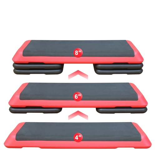 Adjustable Height Aerobic Step Platform with 4 Risers, Lightweight 11lbs Exercise Step Platform & Fitness Step with Non-Slip Surface for Workouts, Home, Gym and Fitness - color: Black+Red