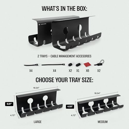 COREMINDED No-Drill Under Desk Cable Management Tray, 2-Pack, Large | Wire & Cord Organizer for Standing Desk or Table, Power Strip Holder, Hides Cables, Home Office Cord Hider, Carbon Steel - size: Large