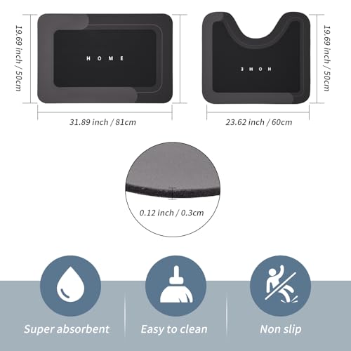 Housego Absorbent Bath Mat, Quick Dry Bath Rug, Non-Slip, 2PCS, Black | 2PCS Absorbent Bath Mat Magic Rug Sets; Quick Drying Bath Mat Non-Slip Floor Rug Rubber Backed for Bathroom Kitchen Shower - color: Black, size: 2 PCS (19.7" x 23.6", 19.7" x 31.9")