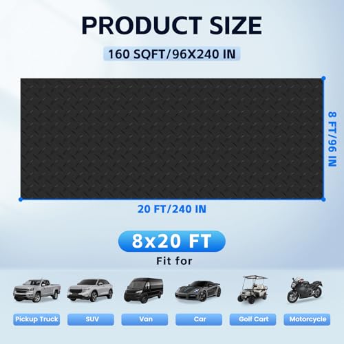 StellarStar 8x20 FT Garage Floor Mat, 2.8mm Thickened PVC Flooring Roll for Under Car, 160 SQFT Diamond Plate Black Garage Mats for Garage, Warehouse, Basement, Factory, Trailer (Include Tapes) - color: Black, size: 8x20 FT