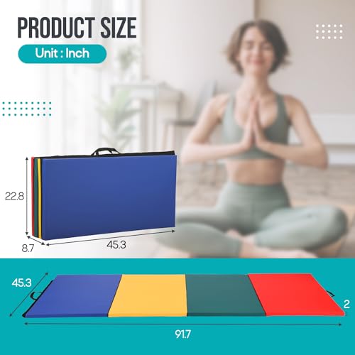 Gymnastics Mat - Tumbling & Exercise - 4 Folding - Indoor/Outdoor - Extra Thick - High Density - Yoga & Arts - color: Colorful