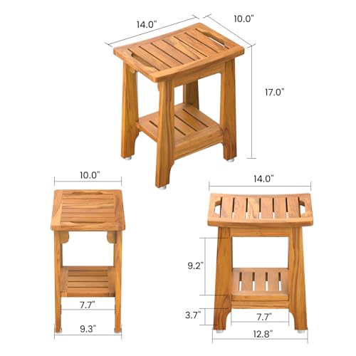 14" Compact Teak Shower Stool with Shelf & Handle - Waterproof, Non-Slip Bath Bench for Small Bathrooms/Tub/Outdoor Use, 300 lbs Capacity (Patented) - size: 14"W x 10" Dx 17"H