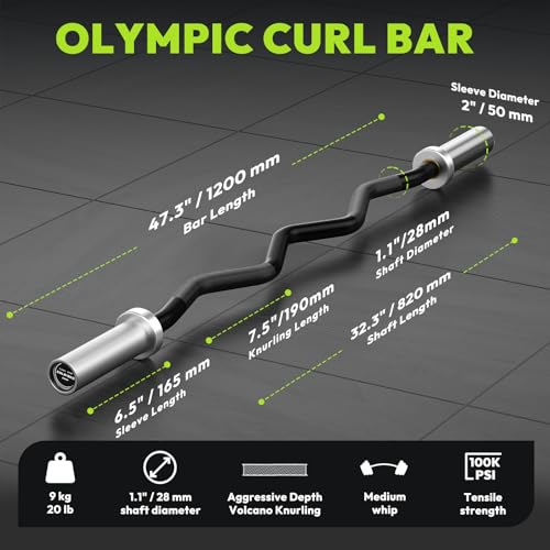 HANDBODE Olympic EZ Curl Bar, Curling Barbell, 4 FT And 6.2 FT Options | 500-700 LB, Rackable Longer Version, 2-Inch Sleeves, Angled Grips, Bicep Training, Tricep Extensions, Preacher Workouts - color: 4ft Curl Bar 20lb, Black & Silver