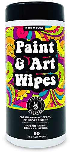 HIPPIE CRAFTER Paint and Art Wipes, 1 Pack (50 Piece) Heavy-Duty Cleaning Wipes for Paint, Epoxy, Glue, Latex & Acrylic Stains, Safe for Hands, Brushes, Plastic, Metal, Wood & Floors