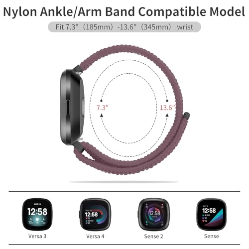 Nylon Sport Ankle/Arm Band Compatible with Fitbit Versa 4/Fitbit Versa 3 /Fitbit Sense 2/Fitbit Sense Bands,Elastic Nylon Braided Arm Strap Replacement Ankle band for Women Men - color: Smokey Purple/Flesh Pink