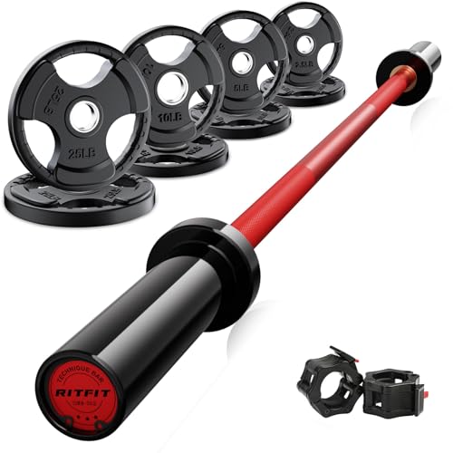 RitFit Barbell Weight Set - 4/6FT Olympic Barbell with Weight Plates (55-115LB Total) - Weightlifting Equipment for Squats, Curls, Deadlifts, Presses, Hip Thrusts - color: Black/Red, size: 4FT With 85LB Plates