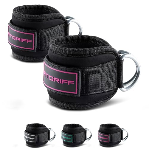 Fitgriff® Ankle Straps V3 for Cable Machine (2 Pieces) - Gym Workout Equipment - Leg Pulley Attachment, Kickback Straps - color: Black/Pink