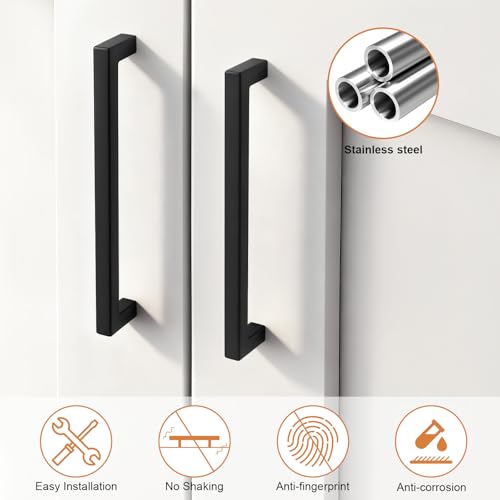 Probrico 5 Pack Black Square Kitchen Cabinet Pulls,Stainless Steel 7.5inch Hole Centers Cabinet Handles,Square Corner Bar Black Dresser Drawer Pull Handles - color: Black, size: Hole Center: 192mm(7.5inch)