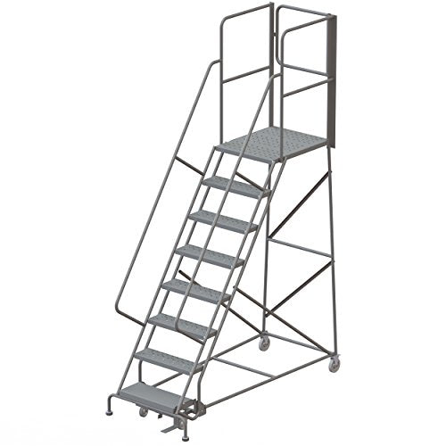 Tri-Arc RWSR108246-XR 8-Step Gateway Rear-Exit Steel Rolling Ladder with 30" Deep Top Platform, Perforated Tread with Handrails, 24" Wide Steps, Gray - size: 8-Step, style: Perforated Tread