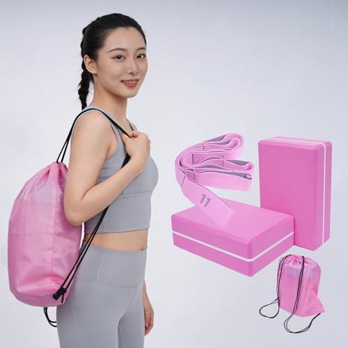 High Density Yoga Blocks 2 Pack with 11 Loops Stretch Band, 350g Non-Slip Foam Exercise Bricks for Pilates & Dance, Pink Gym Accessories with Carry Bag for Flexibility, Balance & Rehab Training - color: Pink Brick & Pink Band