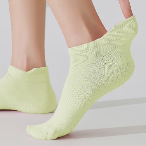 5 Pairs Pilates Socks with Grips for Women Non Slip Grip Yoga Crew Socks for Barre Hospital Barefoot - color: A - Black Gray Pink Green Purple