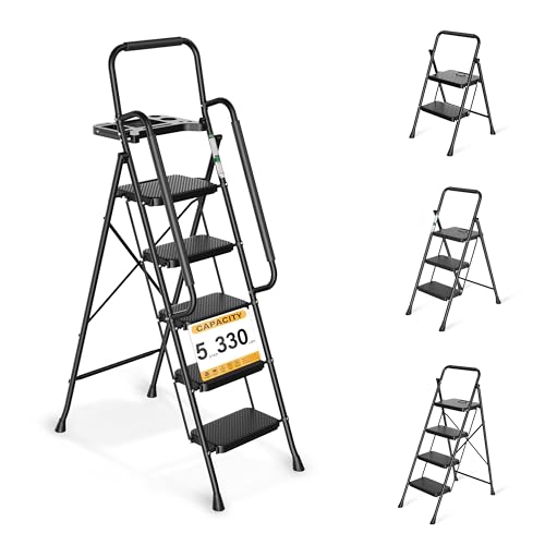 Arbusb Step Ladder, Folding Step Stool with Wide Anti-Slip Pedals, Sturdy Steel Ladder with Handrail, Space-Saving, Portable for Home & Adults, 5 Step Ladder - size: 5-step