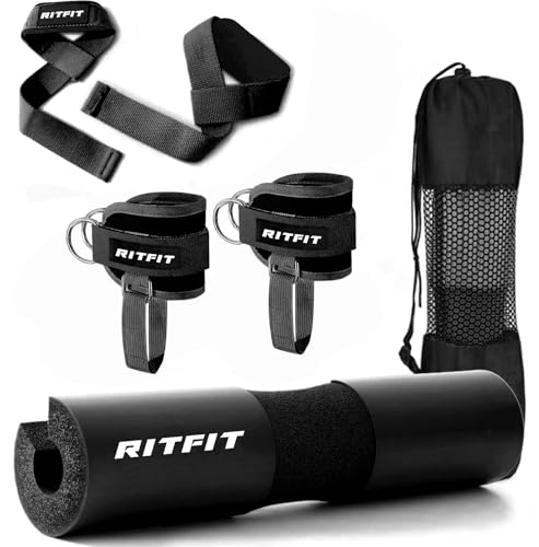 RitFit 7 Pcs Barbell Squat Pad Set, Hip Thrust Pad with Ankle Straps, Resistance Bands, Lifting Straps, Barbell Pad for Squats, Lunges & Hip Thrust - color: Black