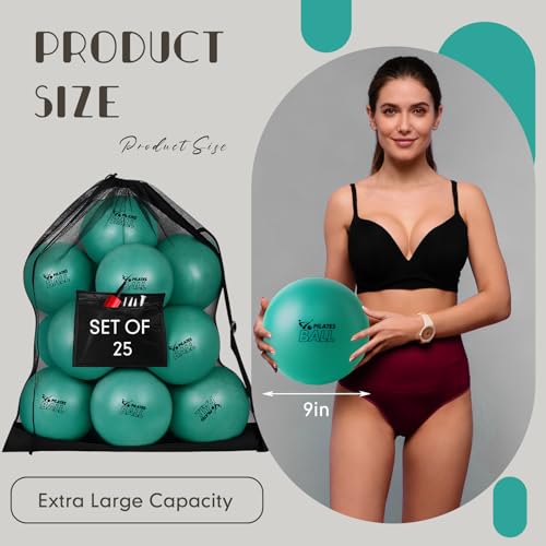 Set of 25 Pilates Balls Bulk 9 Inch Small Exercise Ball for Yoga, Stability, Physical Therapy, Balance, Barre, ABS Core, Gym, Training, with Mesh Bag and Pump - color: Green