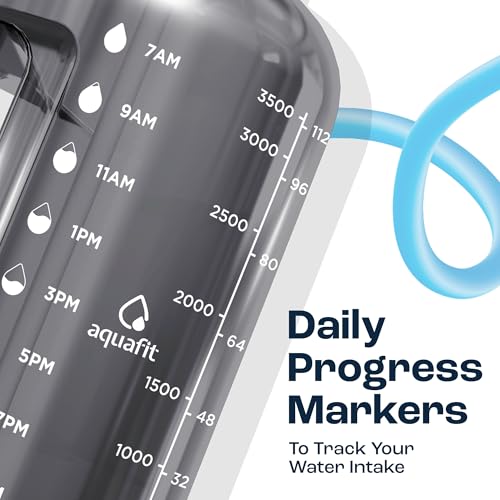 AQUAFIT 1 Gallon Water Bottle with Time Marker | BPA Free 128 oz Water Bottle with Straw and Chug Lids - Leakproof Gym Water Bottle with Carry Handle (Blue) - color: Blue, style: 128 oz - 2 Lids