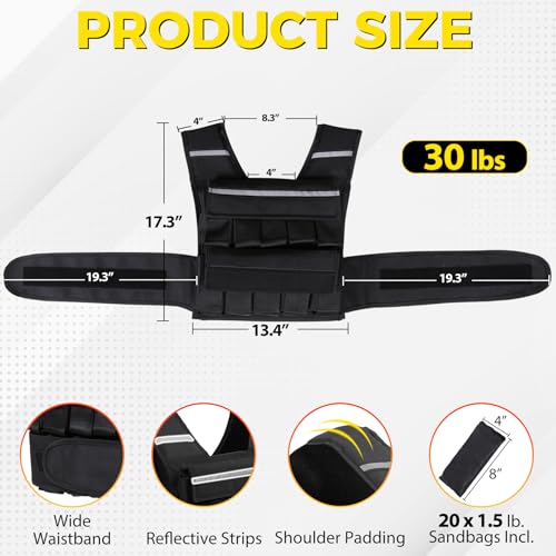 F2C Adjustable Weighted Vest 30lb / 40lb / 60lb, Removable Sandbag Weight Vest for Men Women, Running Walking Rucking, Strength & Fitness Training Vest with Reflective Strips - size: 30 lbs