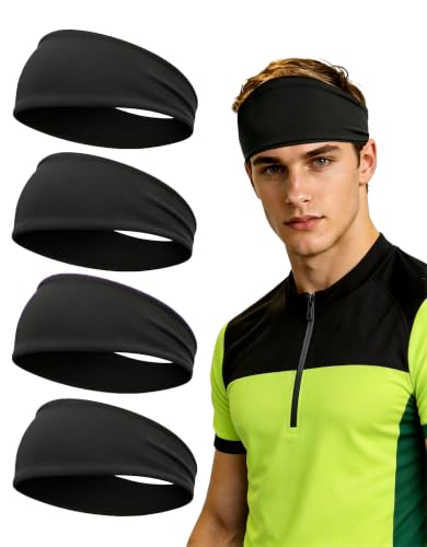 Headbands for Men & Women, Sweat Headband Non-Slip Sweatband Sports Running Cycling Yoga Basketball Workout Football Training - color: Black 4 PCS