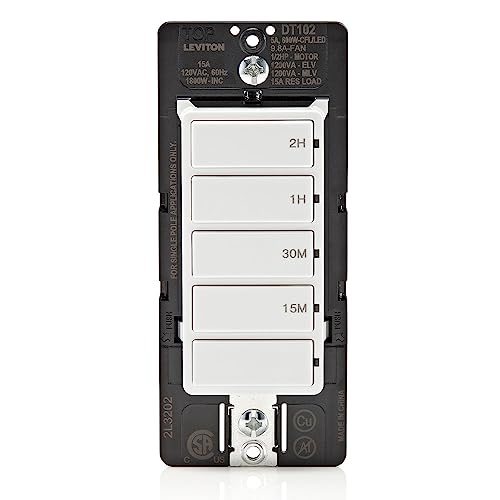 Leviton Countdown Timer Switch for household lights and exhaust fans, 15-30 min, 1-2 hour, No Neutral Wire Required, Single Pole, 15A, 1/2HP/9.8A Fan/Motor, DT102-1LW, White - style: 1-2 hour, No Neutral Required
