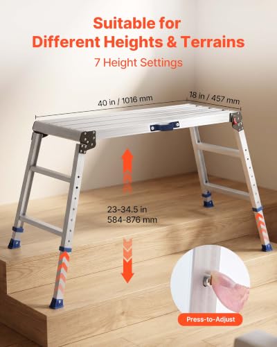 VEVOR Folding Work Platform, Adjustable Height 23-34.5 in, 40 x 18 in Aluminum Step Stool, 500 lbs Load Capacity, Heavy Duty Non-Slip Platform Ladder, Portable Work Bench for Painting, Maintenance