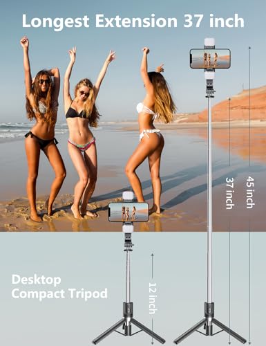 Selfie Stick Tripod with Light, 45'' Phone Tripod with Wireless Remote | Portable Travel Phone Tripod, Compatible with iPhone 16/15 Pro Max/15/14 Pro/14/13, Samsung S22/ S23 Ultra/Android Smartphone - color: Black - 45" Standard Height