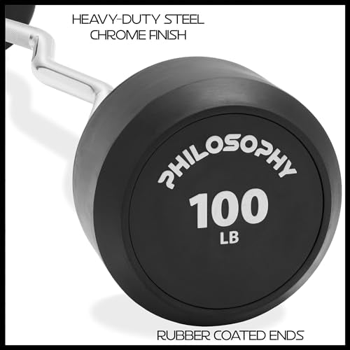 Philosophy Gym Rubber Fixed Barbell, Pre-Loaded Weight EZ Curl Bar for Strength Training & Weightlifting - style: 100 LB