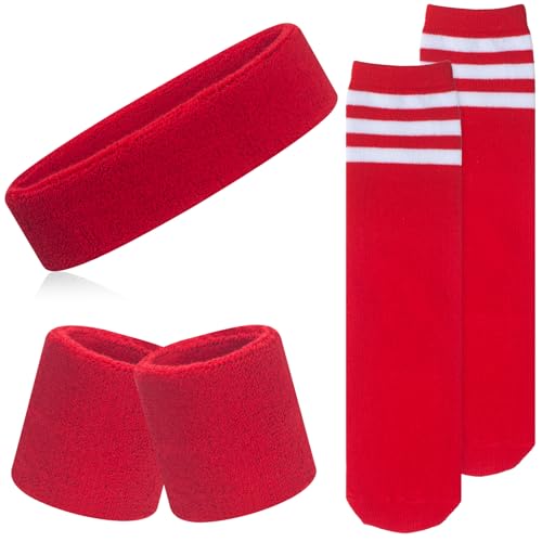 ONUPGO 5 Pieces Kids Sweatbands Soccer Socks Set - Sports Headband, Wristbands, Striped High Socks for Kids, Youth,Toddler & Baby - Football, Basketball, Running, Cycling, Tennis - color: Red