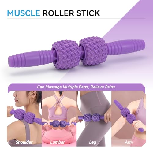 5 in 1 Foam Roller Set, High Density Patented Exercise Roller | Deep Tissue Massage Roller Stick, Massage Ball, Resistance Band for Pilates, Yoga, Whole Body Fitness Exercise, Purple - color: Purple