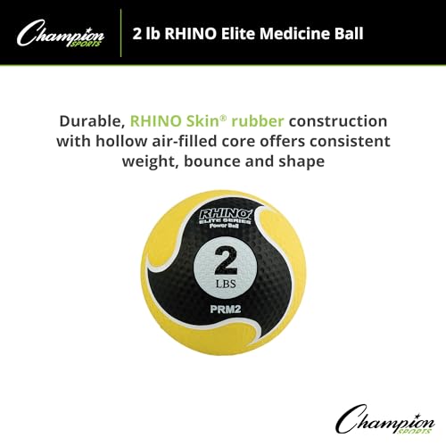 Champion Sports Rhino Elite Medicine Ball – Textured Surface, Superior Grip, Hollow Synthetic Rubber for Consistent Bounce & Durability, Multiple Weights & Colors - Optional Rebounder Sold Separately - style: 2 Pounds - Yellow