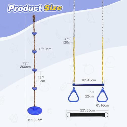 RedSwing Kids Swingset Bundle,Trapeze Swing Bar and Climbing Rope Swing, Kids Swingset Heavy Duty Coated Chains with Carabiners, Outdoor Play Playground Accessories, Blue - color: Blue + Blue