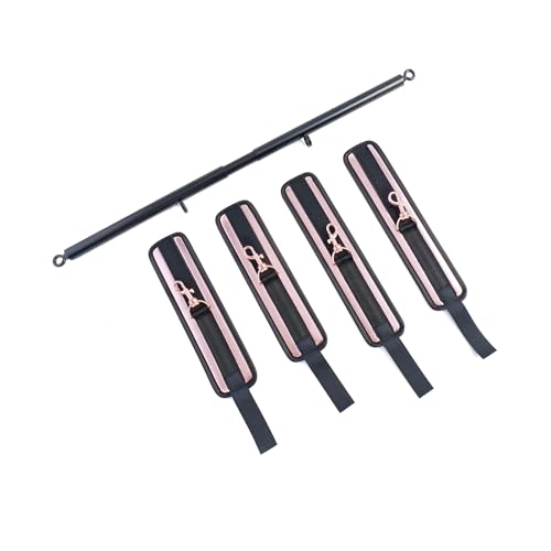 3 in 1 Heavy Duty Stainless Steel Expandable Spreader Bar with 4pcs PU Blue Adjustable Straps,Workout Bar for Home Gym Training Bar,Portable Detachable Pilates Kit - style: Black+PU Rose Gold Kit