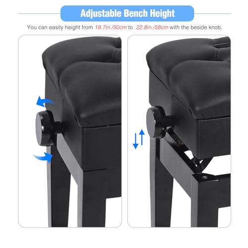 Adjustable Height Piano Bench with Storage, Heavy Duty Wooden Piano Stool Keyboard Bench with PU Leather Cushion, Black - color: Black Matte
