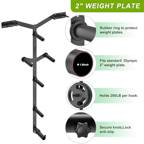Wall Mounted Weight Plate Rack, Heavy Duty Olympic Barbell Holder & T Bar Row Landmine Attachment, 5 Pegs & 4 Barbell Storage, Space-Saving Home Gym Organizer - color: A. Mounted Weight Plate Rack