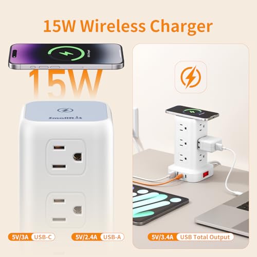 Extension Cord with Multiple Outlets, SMALLRT Power Strip Tower, 10FT Outlet Extender with 12 AC Outlets 4 USB, Power Strip with USB Ports for Home Office Dorm Room,Overload Protection - color: White, size: 10 Ft with wireless charging