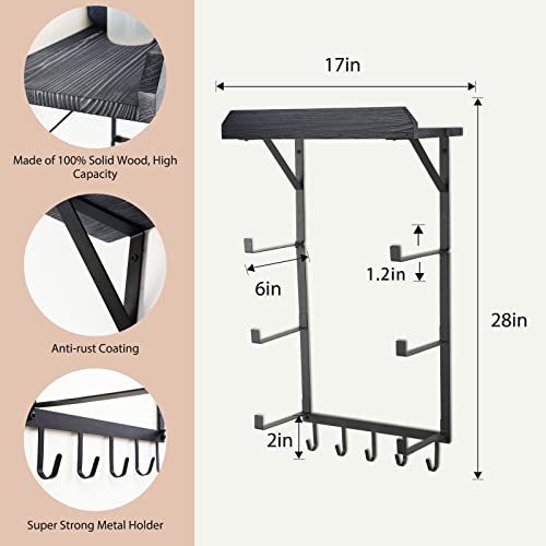Yoga Mat Holder Wall Mount,17" x 28" Yoga Mat Rack Home Gym Accessories, Storage for Foam Roller, with Wood Floating Shelves for Hanging Yoga Strap and Resistance Bands - color: Vintage Black